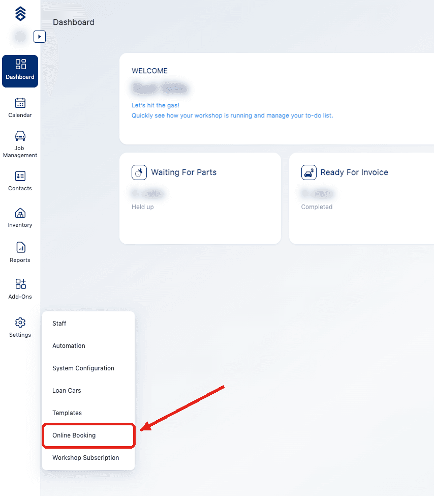 Auxo Settings menu open with Online Booking highlighted