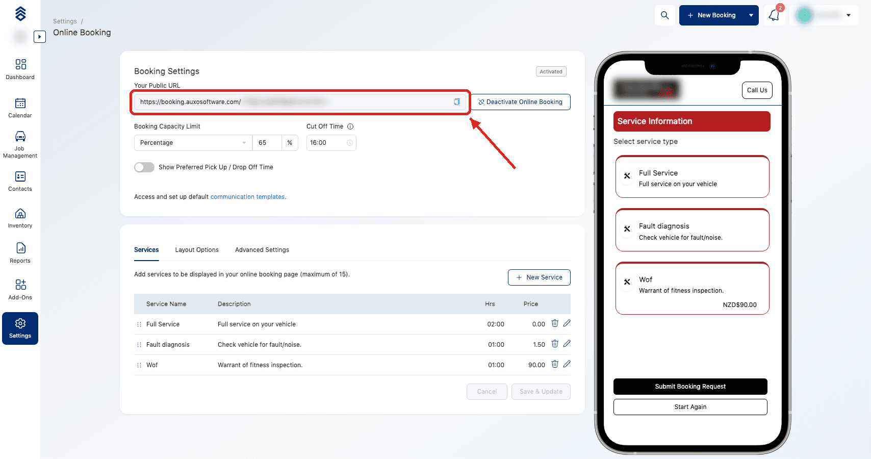 Auxo Online Booking settings with the Your Public URL field and its copy button highlighted