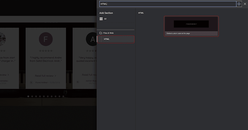Search for HTML and select the custom code section
