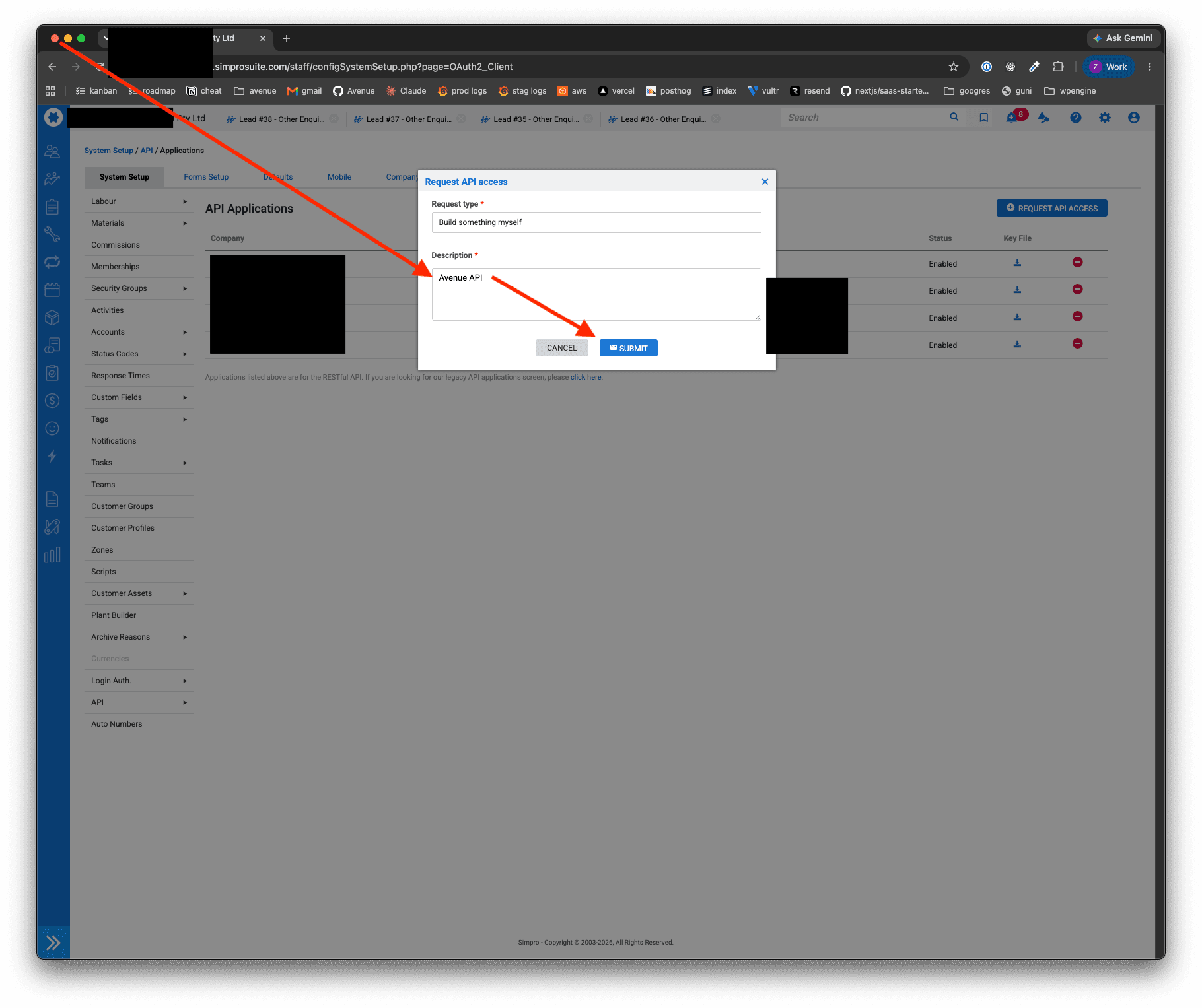 Request API access dialog with Avenue API entered as the description and the Submit button highlighted